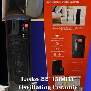 Lasko 22" 1500W Oscillating Ceramic Tower Space Heater with Remote, Black